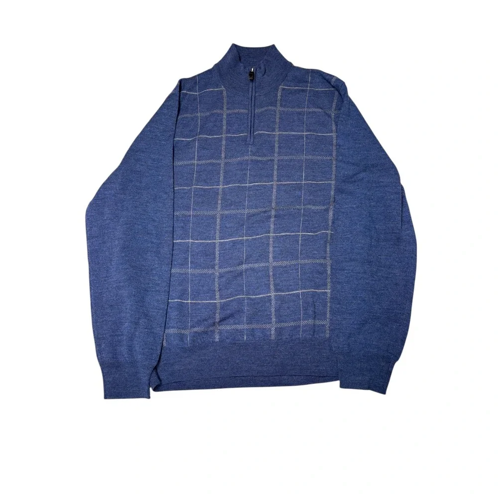 JOS A BANK Signature Collection Mens Plaid 100% Merino Wool 1/4 Zip Sweater L